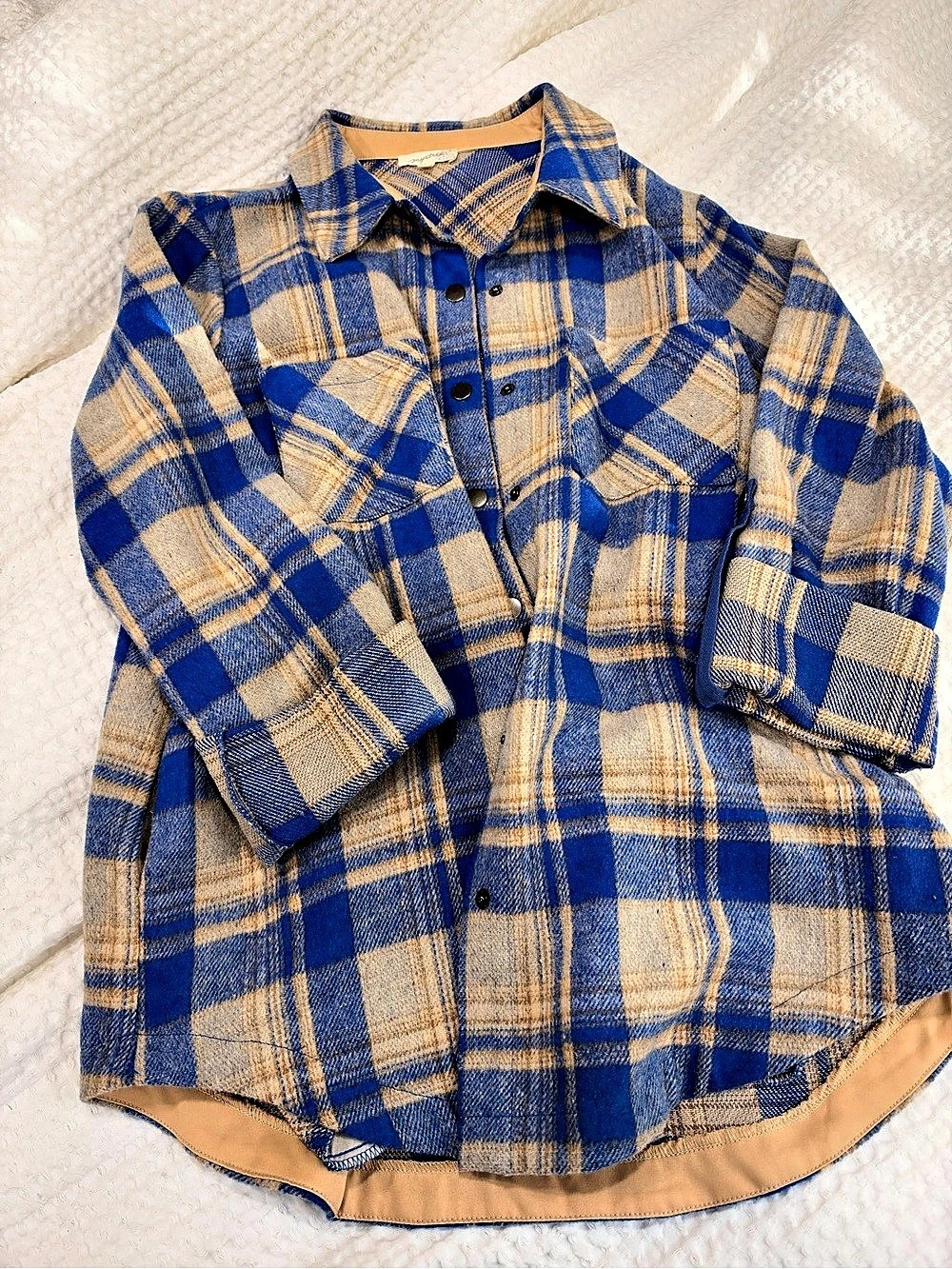 Mystree Plaid Button Down Shirt in Blue & Tan Size Medium
